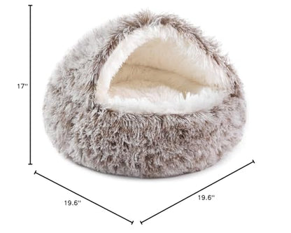 NOYAL Round Hooded Donut Dog Bed for Small & Medium Pets - Plush Fluffy Anti-Anxiety Cat Cave Bed with Cover - color: Gradual brown, size: Small 19.6''