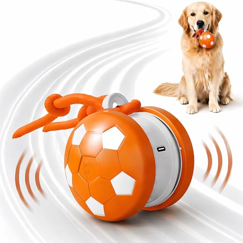 Smart Self Play Soccer Interactive Electric Automatic Moving Rolling Dog Chase Teaser Ball Toys with Rope Rechargeable Tough Durable Stimulation for Small Medium Large Dogs to Keep Busy