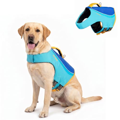 Tuff Pupper Dog Life Jacket | High Buoyancy Dog Swim Vest with Rescue Handle | Adjustable Secure Fit | Reflective Safety Trim | Pet Flotation Jacket for Swimming Boating Kayaking (Blue/Yellow, L) - size: Large
