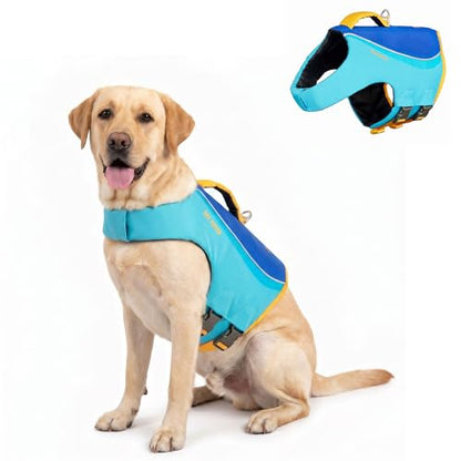 Tuff Pupper Dog Life Jacket | High Buoyancy Dog Swim Vest with Rescue Handle | Adjustable Secure Fit | Reflective Safety Trim | Pet Flotation Jacket for Swimming Boating Kayaking (Blue/Yellow, L) - size: Large