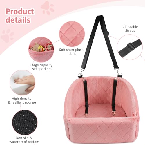 NEEZUKAR Dog Car Seat for Small Medium Dogs,Detachable Washable Dog Booster Seat Under 30lbs, Pet Car Seats Travel Bed with Storage Pockets and Safety Belt(Pink) - color: Pink
