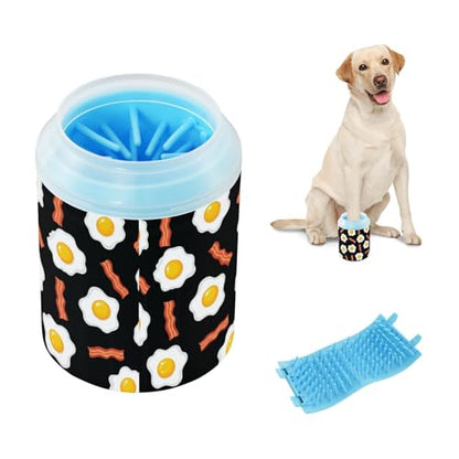 Breakfast Egg Bacon Black Pattern Dog Paw Cleaner Cup with Soft Silicone Brush, Lightweight Small Portable Muddy Paw Washer for Dogs, Easy to Use Pet Foot Cleaner