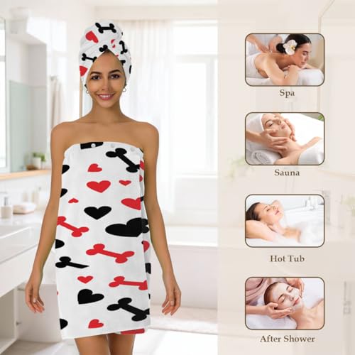 Hearts Dog Bones Microfiber Bathrobe and Hair Towel Wrap Set for Women Quick Dry Shower Towels Wrap Absorbent Soft Bath Robe and Hair Drying Cap for Spa After Shower