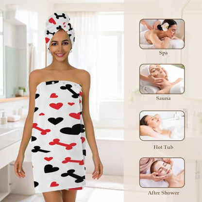 Hearts Dog Bones Microfiber Bathrobe and Hair Towel Wrap Set for Women Quick Dry Shower Towels Wrap Absorbent Soft Bath Robe and Hair Drying Cap for Spa After Shower