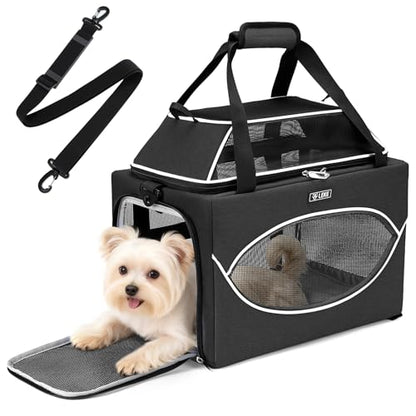 Lekereise Top-Expandable Pet Carrier 17x11x9.5 Inch Alaska Hawaiian Airline Approved Underseat to 12lbs Stable Car Travel Carriers for Small Dogs Cats with Locking Safety Zippers Anti-Scratch Mesh - color: Black, size: 17"x11"x9.5"