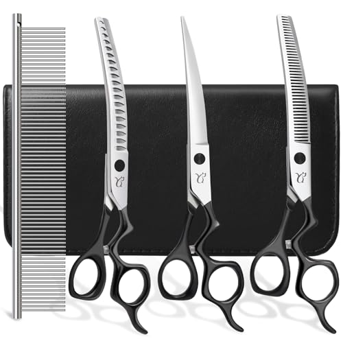 Dog Grooming Scissors,Curved Chunkers Shears Deg Grooming with Safety Round Tips, Sharp and Comfortable 4 in 1 Dog Scissers for Grooming