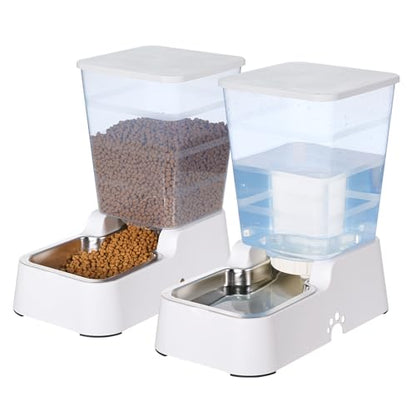 Automatic 5.4L/1.4Gal Pet Waterer, Automatic Dog Water Dispenser Gravity Stainless Steel Water Feeder, Large Capacity Feeding Bowls for Cats and Medium & Large-Sized Dogs (White, Food+Water) - color: White, size: Food and Water