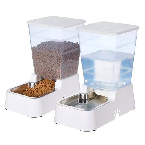Automatic 5.4L/1.4Gal Pet Waterer, Automatic Dog Water Dispenser Gravity Stainless Steel Water Feeder, Large Capacity Feeding Bowls for Cats and Medium & Large-Sized Dogs (White, Food+Water) - color: White, size: Food and Water