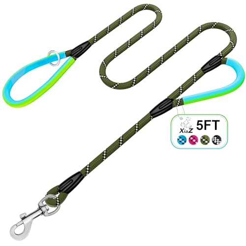 Dog Leash Heavy Duty 4/5/6ft XiaZ 2 Handles Dog Leashes for Medium Large Dogs 1/2 Inch 1000lb Strength Reflective PVC Waterproof-Handles Metal Hook Dual-Handle Rope Leash Nighttime Safety - color: Green, size: 5FT (1/2")