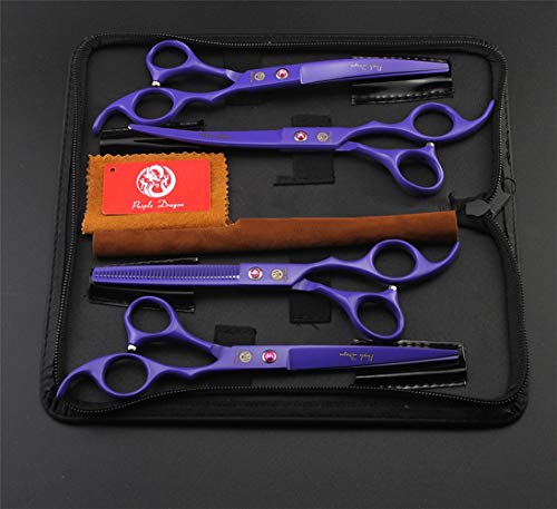 Purple Dragon Professional 7.0 inch 4PCS Pet Grooming Scissors Kit Japan Premium Steel Straight & Curved & Thinning Blade Dog Hair Cutting Shears Set with Case - color: Violet
