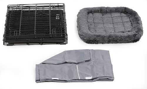 MidWest Homes for Pets Double Door 24-inch Dog Crate Kit, Bundle Includes a Two-Door Cage, Matching Gray Bed and Crate Cover, For Small Breeds
