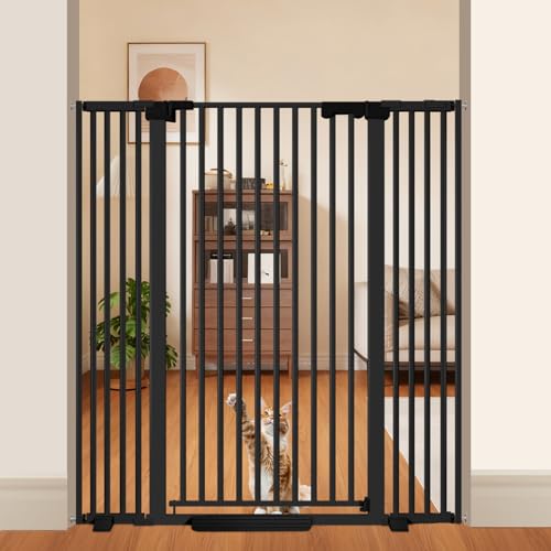 51'' Extra Tall Cat Gate 30-49.2'' Wide for Doorways Hallways, Pressure Mounted Pet Barrier Dog Gates No Drilling Auto Close, Cat Fence Indoor Climb Proof (Black) - size: 30''-49.2''Wide