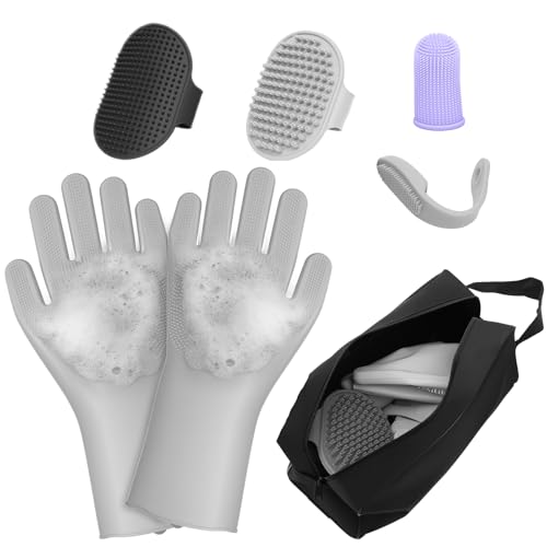 7PCS Pet Grooming Kit for Dogs and Cats，with Storage Bag & Includes Dog Washing Gloveswith High-Density Teeth, Adjustable Handle Dog Shampoo Brush, Dog Finger Toothbrush (Gray) - color: Gray