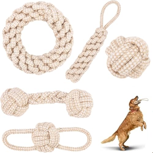 Upgraded 5 Pack Pet Rope Toys for Small Dogs & Puppies, Durable Cotton Chew Toys with Knot Ball, Interactive Rope Toys for Teething, Tug of War, Training & Dental Care