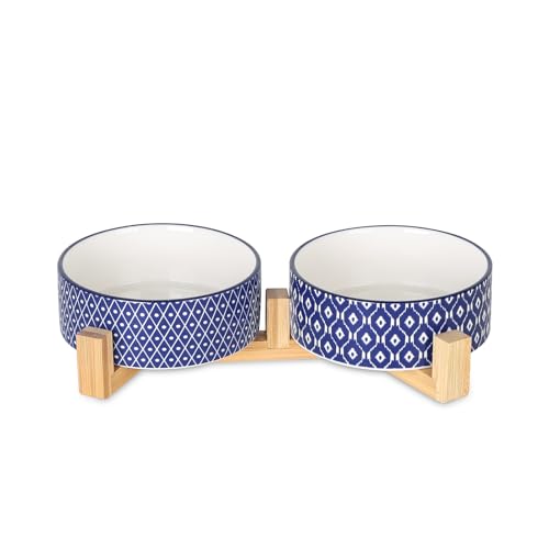 Selamica Ceramic 14 OZ Dog Bowls with Wooden Stand, Anti-Slip Dog Dishes Set for Cats & Small Dogs, Weighted Pet Bowls Set of 2, Vintage Blue - color: Vintage Blue A, size: 14 oz