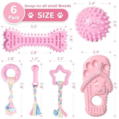 Puppy Chew Toys 6 Pack for Small Dogs, Teething Toys for Puppy Easy Clean Rubber Bone Star Stick Donut Slipper Spiky Ball Set for Small Breed Teething Relief (Dogbed not Included)