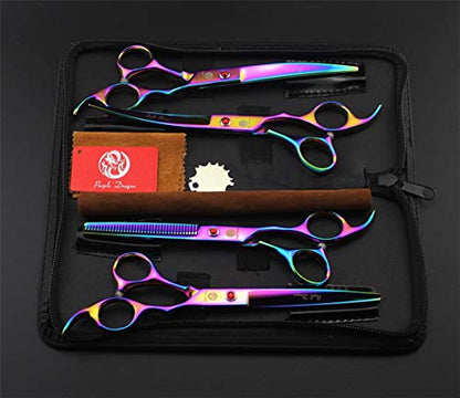 Purple Dragon Professional 7.0 inch 4PCS Pet Grooming Scissors Kit Japan Premium Steel Straight & Curved & Thinning Blade Dog Hair Cutting Shears Set with Case - color: Rainbow