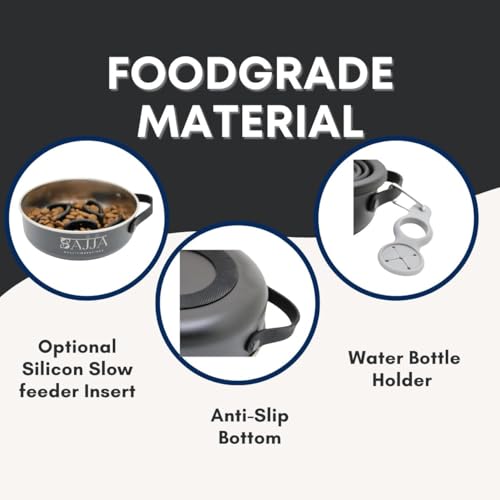 Black Slow Feeder Travel Dog Bowl Set – 30oz Stainless Steel + 20oz Collapsible Silicone Dish + Silicone Slow Feeder Insert | Water Bottle Holder | Non-Slip, Anti-Choking, BPA-Free – Claim - color: Slow feeder Black Bowl