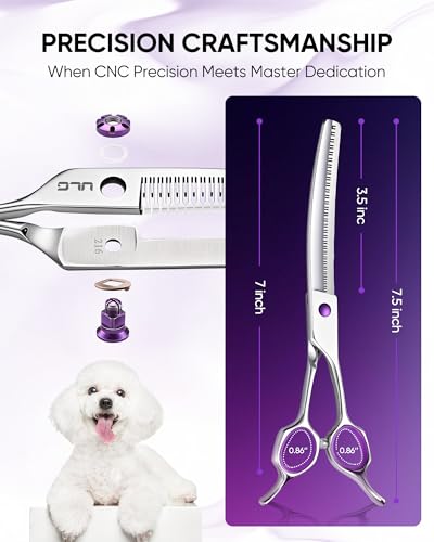 ULG 7.5” Dog Grooming Chunker Shears – 30° Curved Pet Grooming Scissors, Japanese 440C Stainless Steel, 30 Comb & Chunker Teeth, 60% Thinning Rate, Reversible Butterfly Handles for Face, Nose & Body - size: 7.5" Chunker (60% Thinning)