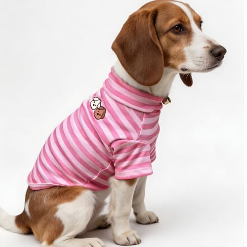 Turtleneck Dog Shirt Cute Doggie Embroidery Super Soft Dog Sweatshirt Stretchy Striped Puppy Pullover for Cats Small Medium Large Dogs (Pink Striped, Small) - color: Pink Striped, size: Small