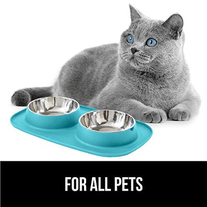 GORILLA GRIP Dog Bowl Set with Slip Resistant Silicone Feeding Mat, 4 Cup, Food Grade 304 Stainless Steel Bowls, BPA Free, High Edge Spill Containment, Dishwasher Safe, Finger Notch Removal, Turquoise - color: Turquoise, size: 4 Cup Bowls