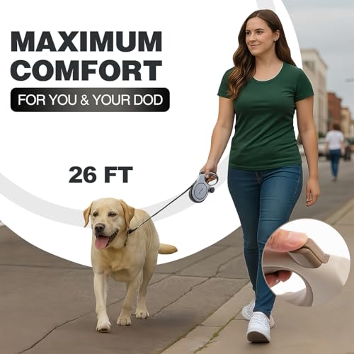 PINA Upgraded Retractable Dog Leash, 26 ft Dog Leash for Small Medium Large Dogs Up to 110lbs, Heavy Duty Reflective Nylon Tape 360° Tangle-Free, with Anti-Slip Handle, One-Handed Brake, Pause, Lock - color: Grey