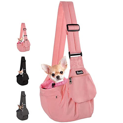 Lukovee Dog Sling Carrier, Hard Bottom Support & Adjustable Soft Padded Shoudler Strap Dog Slings for Small Dogs, Dog Purse with Drawstring Mesh Opening & Zipper Pockets for Puppy Cat Pet (Pink) - color: A-Pink