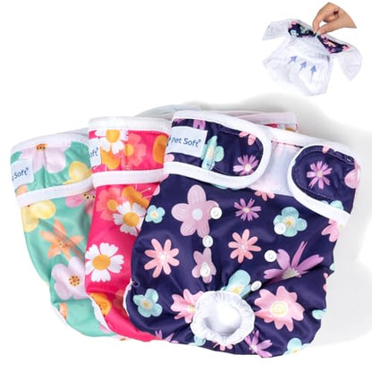 Pet Soft Washable Female Diapers (3 Pack) Female Dog Diapers, Comfort Reusable Doggy Diapers for Girl Dog in Period Heat (Bloom, XS) - size: X-Small:7.5''-10''