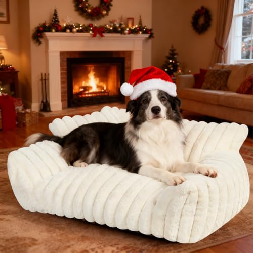 Cute Dog Cat Couch for Medium Large Dogs,Fluffy Pet Sofa Dog Couch Bed with Premium Soft Corduroy Fleece,Cute Washable Dog Bed Medium Large Size Dog,Supportive Cat Sofa Pet Bed(36x27x10,White) - color: White, size: Large