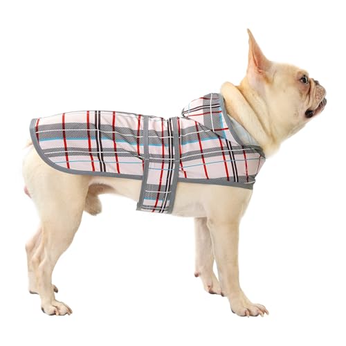 Dog Raincoat for Medium Dogs Waterproof Jacket Hooded Rain Coats with Reflective Strips Leash Hole & Poncho Adjustable Fit (Plaid,M) - color: Khaki Plaid, size: Medium