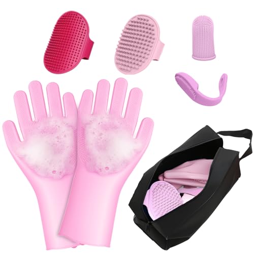 7 PCS Pet Grooming Kit for Dogs and Cats | Dog Washing Gloves | Dog Bath Brush | Cleanroom Gloves | Dog Shampoo Brush | Finger Toothbrushes | Storage Bag | All-in-One Pet Care (Pink) - color: Cherry Blossom Pink