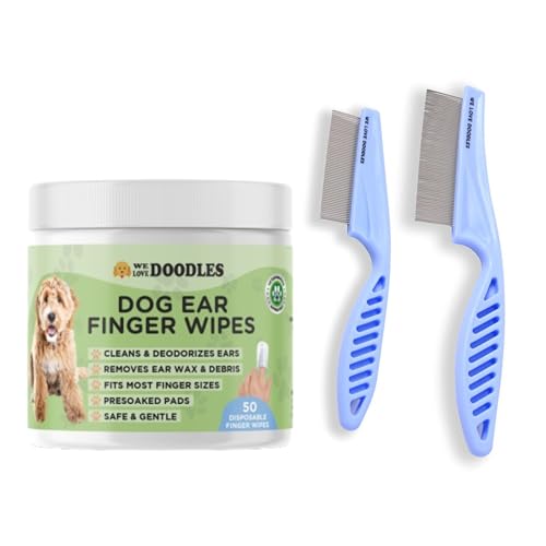 We Love Doodles Dog Ear Cleaner Finger Wipes & Dog Face Comb - Dog Ear Cleaner, Presoaked Dog Ear Wipes, Dog Ear Cleaning Solution, Flea Comb for Dogs, Fine Tooth Tear Stain Remover, Grooming Comb