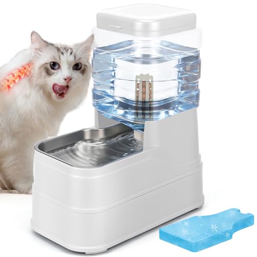 1.1 Gallon Pet Automatic Dog Water Dispenser Cat Gravity Waterer Feeder with Stainless Steel Bowl Large Capacity Puppy Feeding Raised Bowls with Filter,Ice Pack (White, 4L(1.1 Gallon)) - color: White, size: 4l(1.1 Gallon)