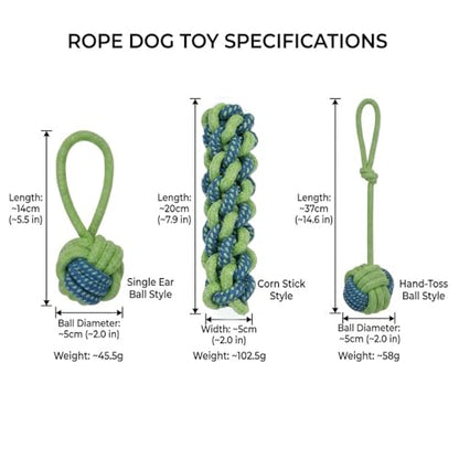 Dog Rope Toys for Aggressive Chewers, Durable Cotton Rope Ball & Corn Stick Set, Interactive Fetch & Tug of War Dog Toys for Small Medium Dogs, Puppy Teething & Dental Health Cleaning Toys