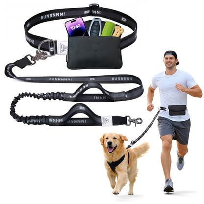 Hands Free Dog Leash, Heavy Duty with Waist Belt & Storage Pouch, Strong Pull Control, Two Handles Bungee for Running & Walking, Big & Medium Dogs, Black - color: Black