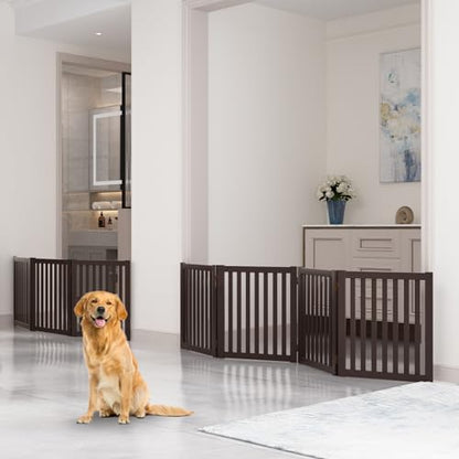 WELLAND 24" Freestanding Pet Gate, Foldable Wooden Dog Gate, 4 Panel Step Over Fence, Indoor Puppy Gate, Expands Up to 80" Wide, Espresso - color: Espresso, size: 4 Panel 80" Wide