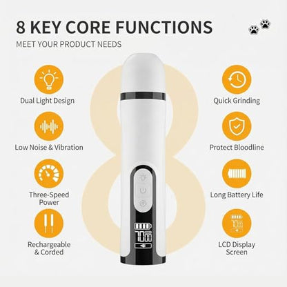 Silent Pet Nail Grinder Pro Dog and Cat Nail Trimmer with LED Light 3-Speed Low Noise Electric Pet Nail Trimmer Painless Paw Grooming Tool for Small Medium Large Dogs Cats, with 2 X Replacement Heads