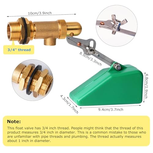 Brass Float Valve 3/4 Inch Water Float Valves with Adjustable Arm, Livestock Water Tank Float Valve Switch Brass Float Ball Valve Shut Off Pool Auto Fill Valve for Automatic Waterer - style: 3/4" Green