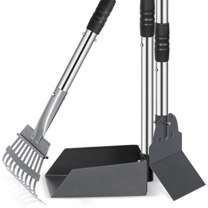 Heeyoo Dog Pooper Scooper, Dog Poop Tray and Rake Set, Pet Waste Removal Scoop with Long Adjustable Sectional Stainless Handles - color: Silver/Black