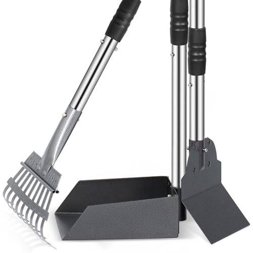 Heeyoo Dog Pooper Scooper, Dog Poop Tray and Rake Set, Pet Waste Removal Scoop with Long Adjustable Sectional Stainless Handles - color: Silver/Black