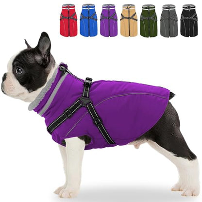 Fragralley Dog Coat with Harness Built in, Waterproof Windproof Reflective Warm Puffer Jacket, Fleece Lined Vest Winter Parka for Small, Medium, Large Dogs - color: Purple, size: Small