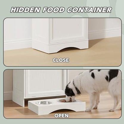 FIMELLO 21 ''WX 13''DX39''H Dog Feeding Station with 2 Feeding Bowls, Tilt-Out Dog Food Storage Cabinet with Drawer,Pet Feeder Cabinet,White Grain - color: White Grain, size: 21 inches