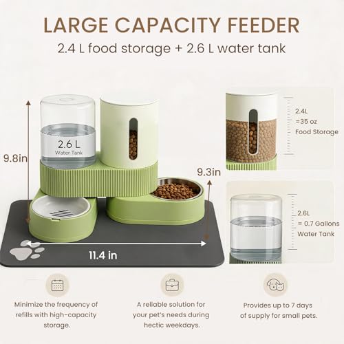 Gravity Cat Feeder 2 Pack Automatic Food Feeder and Water Dispenser Set Detachable Pet Bowl with Silicone Mat for Cats Small Medium Dogs, Large Capacity(Green) - color: Green-With mat