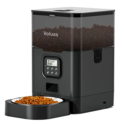 VOLUAS Automatic Cat Feeder, 4L Timed Dry Food Dispenser for Cats & Dogs | Programmable Portion Control, Up to 4 Meals Daily, Dual Power Supply, Power-Off Memory, 10-Second Voice Recorder - color: Black Transparent, size: 4 L