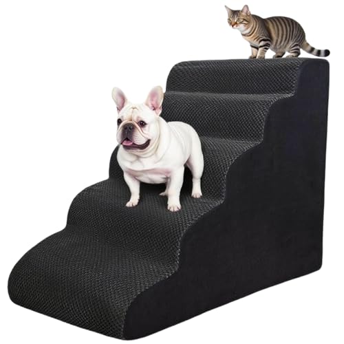 5 Step Pet Stairs Ramp for High Beds Sofas 23-30 Inch with Sturdy Non Slip Waterproof Pads, Machine Washable Cover Indoor Balanced Design for Cats Dogs Small Medium Large XL Pets Black, Large - color: Black