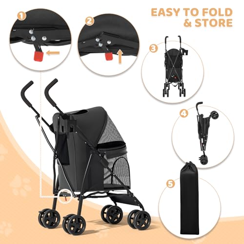 Magshion Compact Pet Stroller for Small-Medium Dogs/Cats up to 22lbs, 4-Wheel Lightweight Umbrella Shaped Portable Puppy Travel Jogger with Breathable Mesh, Cup Holder & Rear Storage, Black - color: Black, style: Up to 22 lbs
