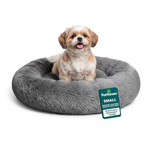 Furhaven 23" Round Calming Donut Dog Bed for Indoor Cats & Small Dogs, Washable, For Dogs Up to 20 lbs - Shaggy Plush Long Faux Fur Donut Bed - Gray, Small, 23.0"L x 23.0"W x 9.0"Th - color: Gray, size: Small