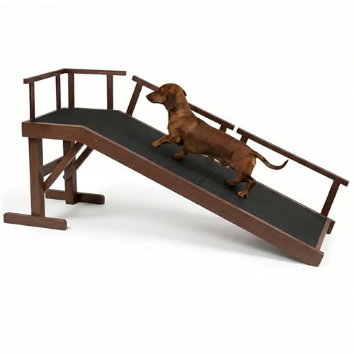61" Dog Ramp for Bed with Rest Platform & Glow Strips, 20° Gentle Slope, EVA Non-Slip Surface, Removable Safety Rails, Birchwood Solid Wood, for Small, Large & Senior Dogs, Joint Protection, Brown - size: 61"L x 20"H x 15.7"W