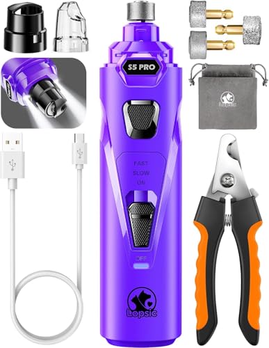 Whisper Quiet Dog Nail Grinder with 4 LED Lights, Safe & Stress-Free for Sensitive Dogs of All Breeds & Sizes, 3 Grinding Bits, 3-Speed, Pet Nail Trimmers, Rechargeable Painless Grooming Kit Purple - color: Purple