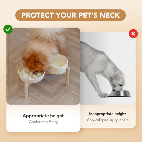 Havniva 7.3” Raised Slow Feeder Dog Bowls Set, 1.2 Cups Ceramic Slow Feeder Dog Bowl and 6.1” Dog Water Bowl with Elevated Wooden Stand Puzzle Dog Food Bowl for Small Dogs Anti-Gulping & Anti-Choking - color: 2 x Light Yellow+Stand-C, size: 7.3inch